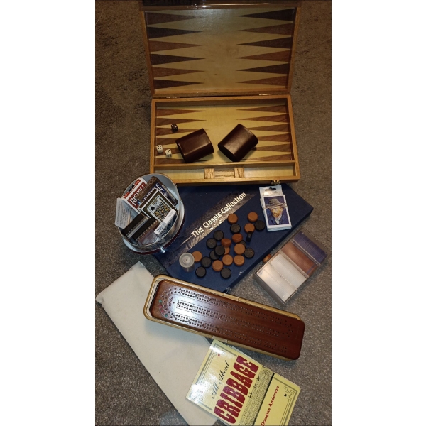 Party Time Bundle of Good Old Games  Cribbage, Chinese Checkers, Backgammon, Poker Chips, Playing Ca