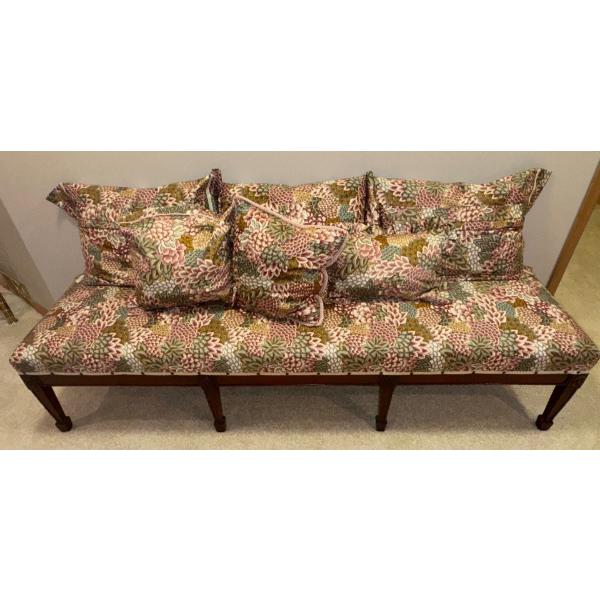 XL Vintage Mahogany Bench w/ Floral Upholstery & Throw Pillows 