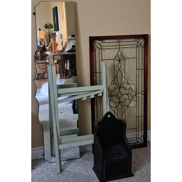 Lot: Framed Leaded Glass, Wall Mirror, Step Stool, Small Storage Box