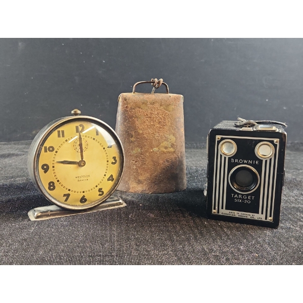 Brownie Target Six-20 Camera, Vintage Westclox Alarm Clock and Aged Cow Bell