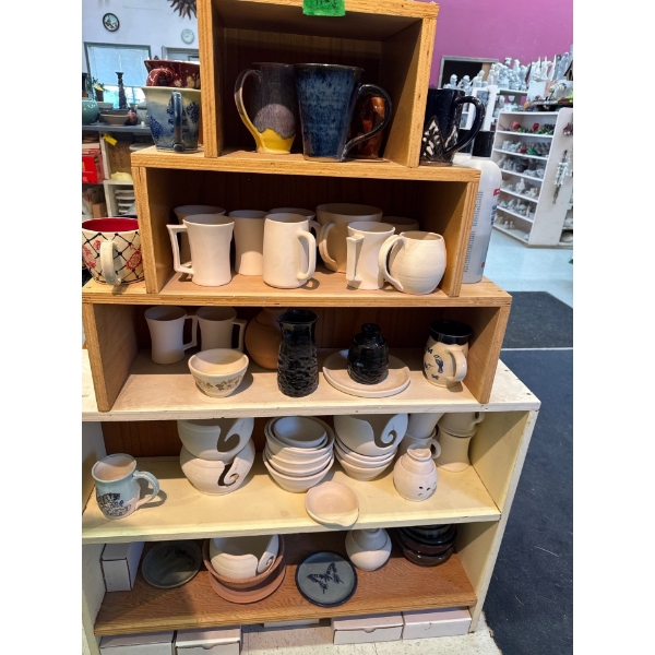 ceramic mugs and ceramic pots and bowls shelf included