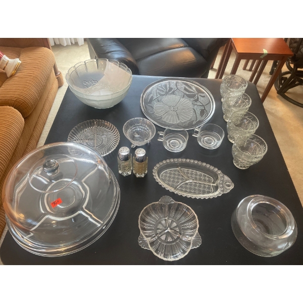 Large Glass Collection, Salad Bowls, Cake Stand, Bowls, Trays, Cups, Plates and more.