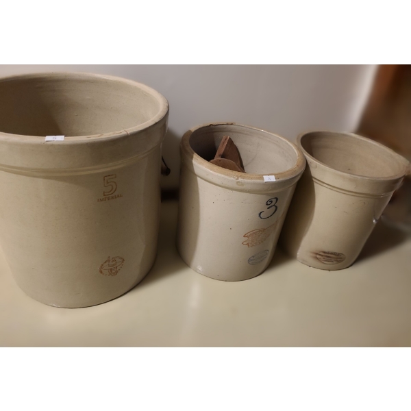 Crocks: Imperial 5 Medicine Hat Pott. 13.5 ",14 T, No. 3 Red Wing 10" ,11 T, No. 2 Medalta 9.5" 11 T