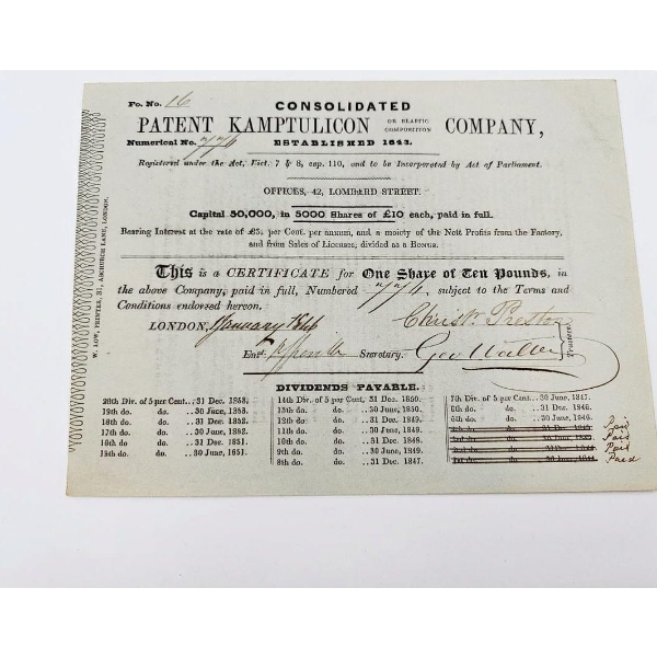 Collectible Vintage Stock Certificate For The Consolidated Patent Kamptulicon , Blaptic Company 1843