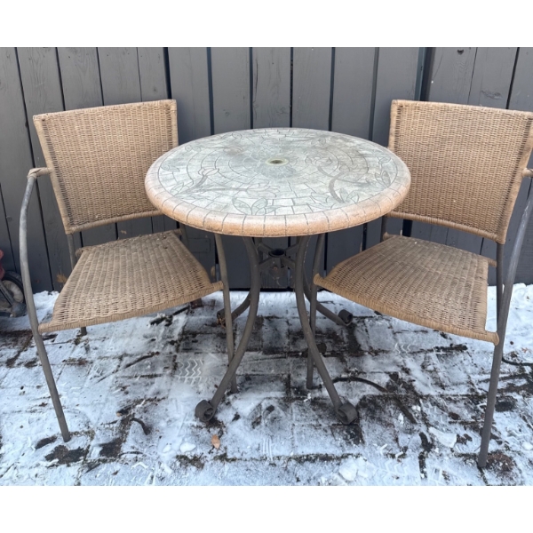 Outdoor Bistro Set with Wicker Chairs and Mosaic Tabletop