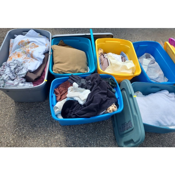 Several Bins Containing: Assorted Household Linens, Curtains, Cushions and Some Outdoor Gloves etc.