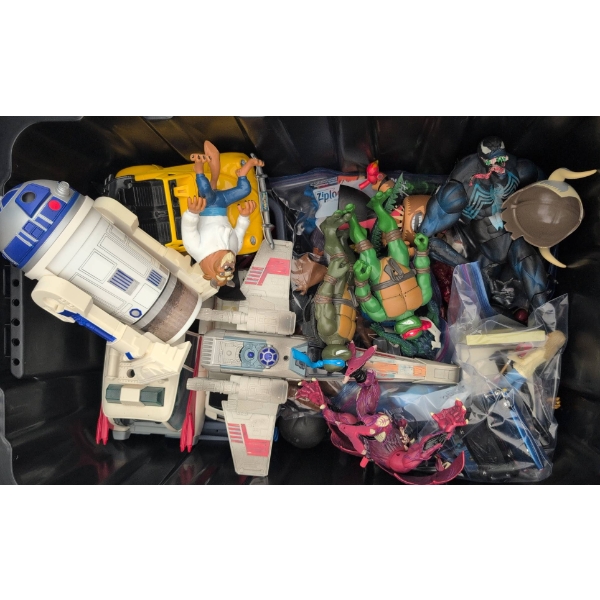 Bin of Assorted Boy Toys Including Action Figures and Vehicles