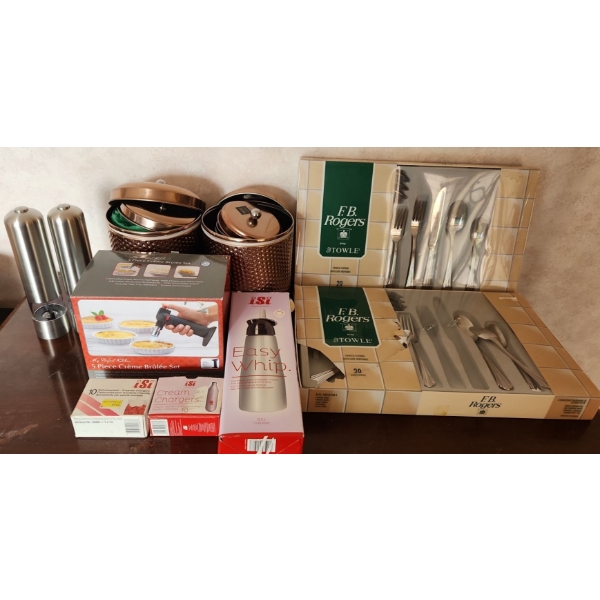 Salt/ Pepper Grinders, 4 Canisters, Flatware (Full and Partial Set), Creme Brulee Set, Isi Easy Whip