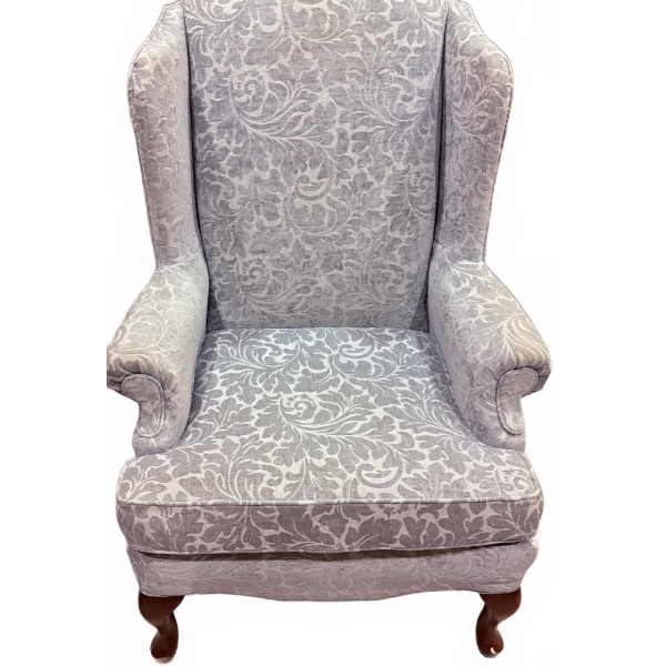 Upholstered Wingback Armchair with Carved Wooden Legs