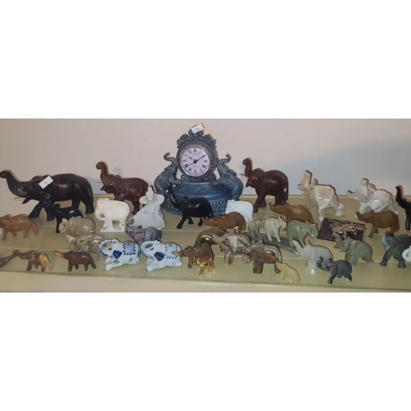 Collection of Elephant Decor: Wood, Stone, Ceramic- Includes: Clock 7 W, 6 T, 