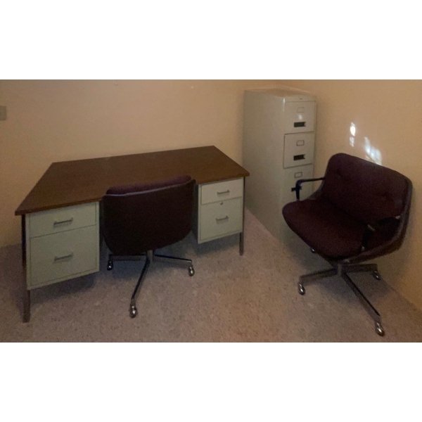 Vintage Steel Desk & File Cabinet w/Two Durable Chairs on Castors-Industrial Style