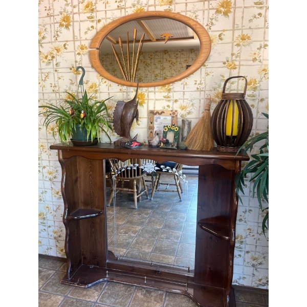 Repurposed Shelf With Mirror, Wood Swordfish Statue, Candle Holder And Small Ornaments 
