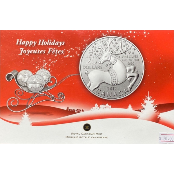 2012 "Happy Holidays" $20 Canadian Fine Silver Coin 7.96 Grams 99.99% Silver