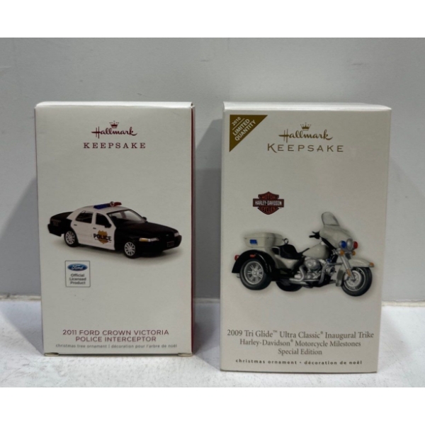 Vehicles- 2011 Crown Victoria Police Interceptor, 2009 Tri-Glide Ultra Classic Hallmark Ornaments 