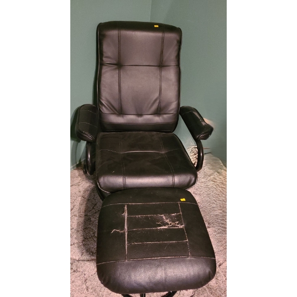 Leather Chair 28 W, 24 W, 37 T, w/ Ottoman 17 W, 18 D, 16 T