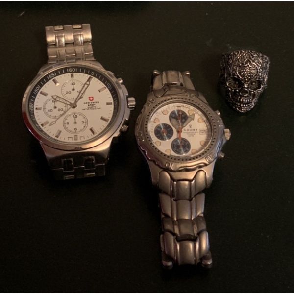 Swiss Army Quartz Watch w/ Cauny Quartz Chronograph Watch & Silver Colored Skull Ring 