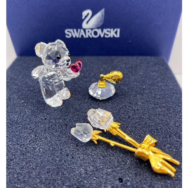 Swarovski Crystal - Kris Bear Blowing Kisses, Roses, and Perfume Atomizer 4cm H