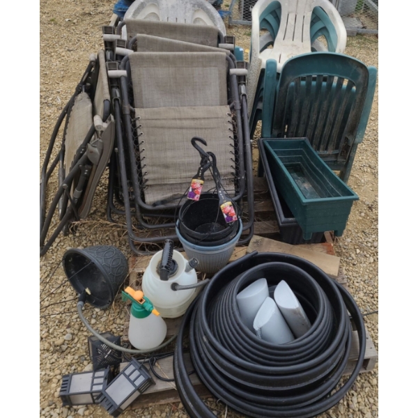 Pallets w/ Border Edge, Sprayers, Patio Chairs 21.5 W, 16 D, 29 T, Folding Outdoor Chairs and More!