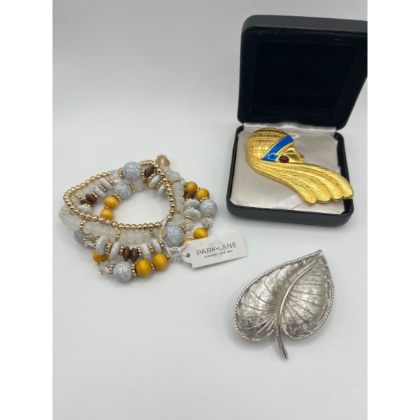 Vintage MJent gold tone brooch, Park Lane bracelets, and a 1950s signed Coro brooch