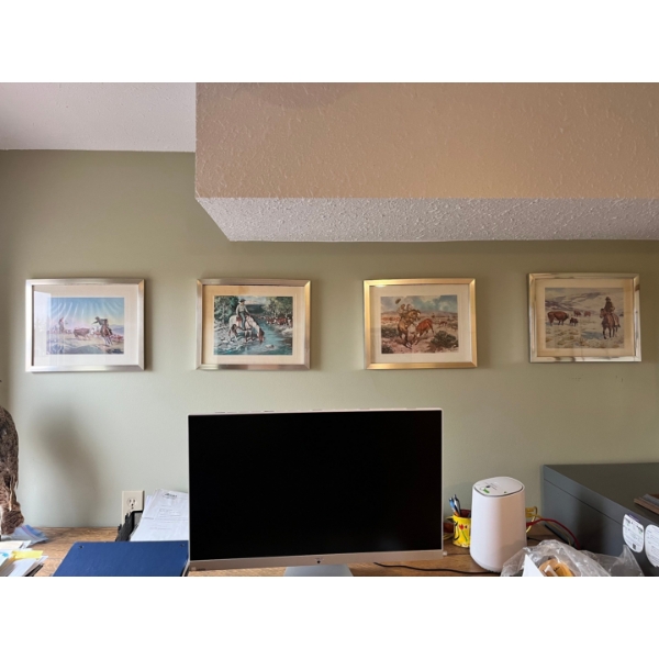  Set of 4 vintage cowboy prints from a 50’s calendars in chrome frames Originated from a Meat Market