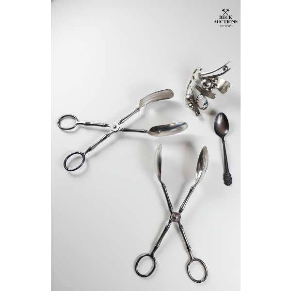 Collection Of Vintage Utensils, Including Pair Of Scissor-Style Salad Tongs , Spoon, Napkin Ring.