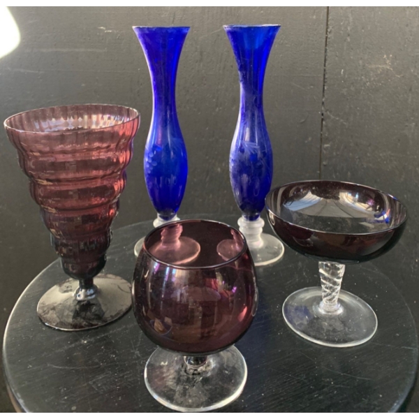 Vintage Hand Blown Cobalt Blue Bud Vases (2), Utility Glass Works Glass & Amethyst Glasses 