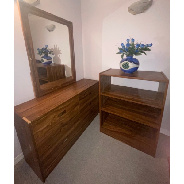 Vintage Bedroom Furniture - Mirrored Dresser Book Shelf 38T & Turkish Evil Eye Stoneware Vase