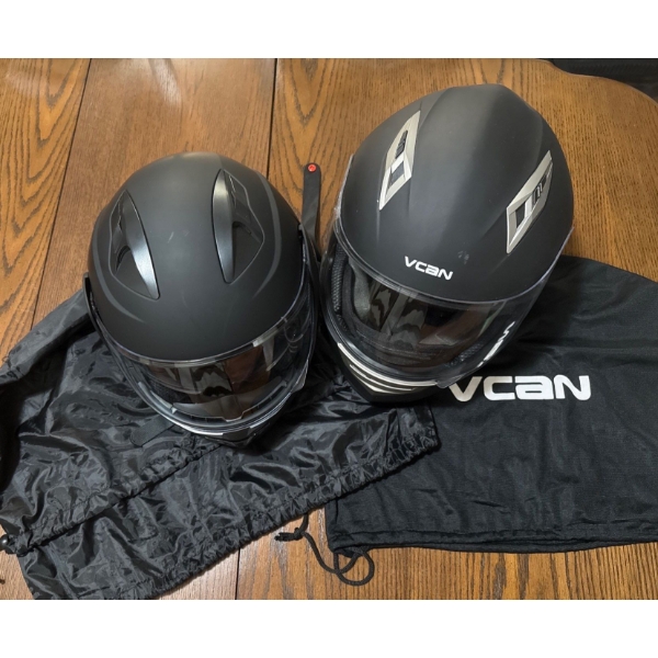 Two VCAN Matte Black Modular Motorcycle Helmets w/ Dust Bags ( Like New Condition)