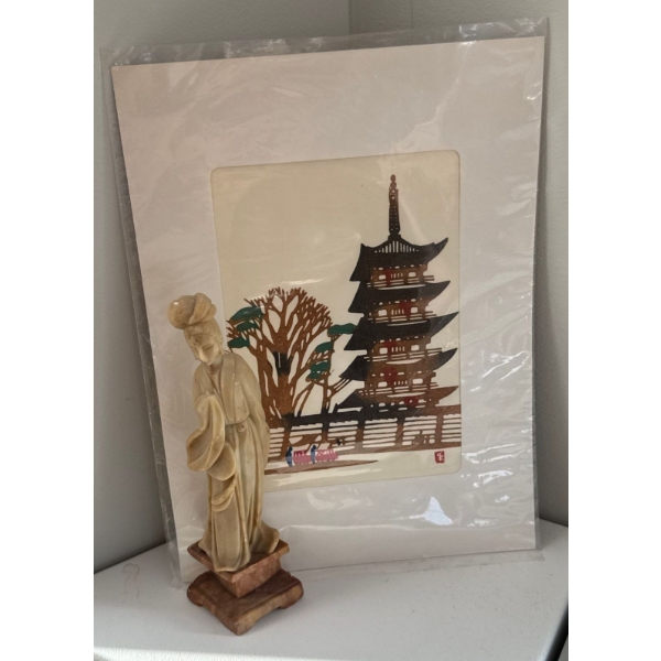 Antique Ivory Guanyin Figure 7T w/ Asian Art Print 