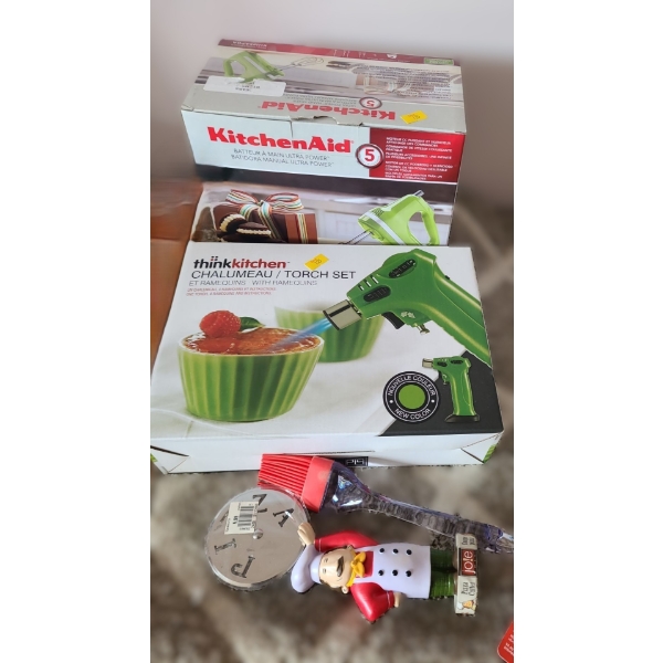 Kitchenaid Hand Mixer Model KHM5APGA, Think Kitchen Torch Set, Pizza Wheel, Silicone Brush (All New)