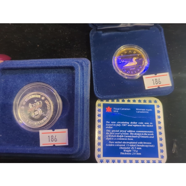 RCM 1987 The First Year of Issue UNC Loonie &1980 Alberta's 75th Anniversary Silver 9.25 Medallion