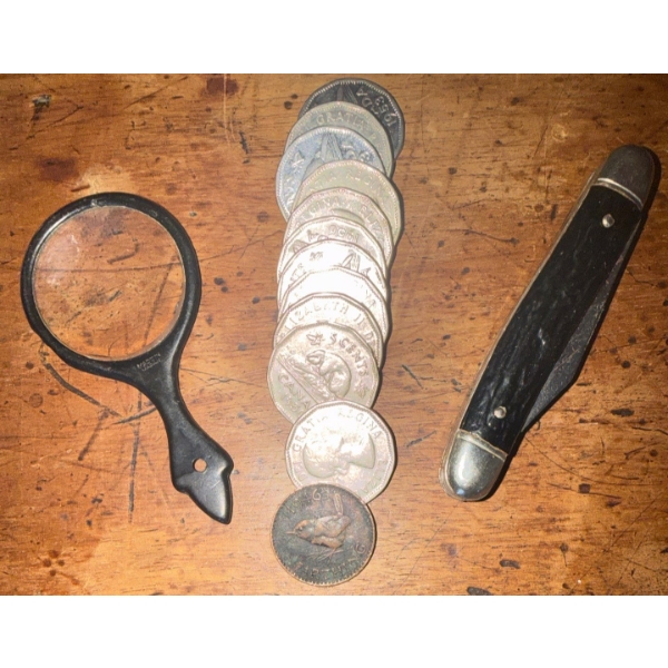 Vintage Canadian Nickels w/ Mini Magnifier & Pocket Knife 