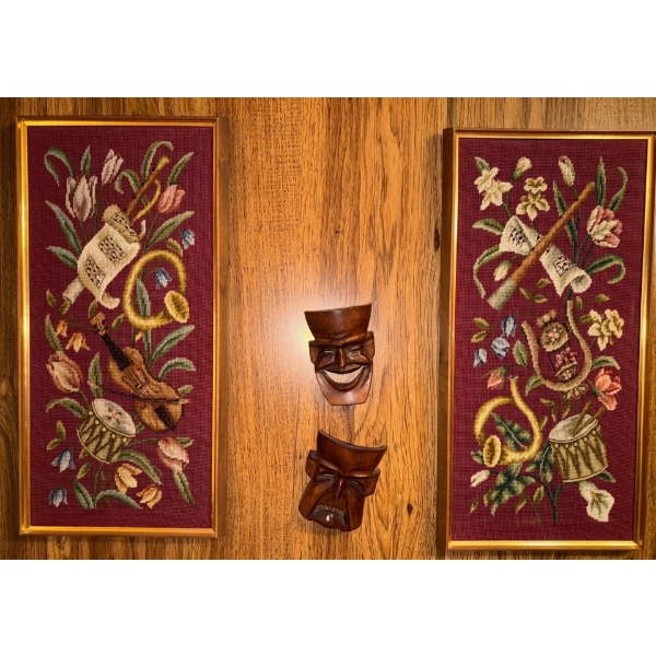 Trendy Handmade Embroidered Wall Art w/ Two Small Traditional Wooden Masks 27"tall + 6"tall