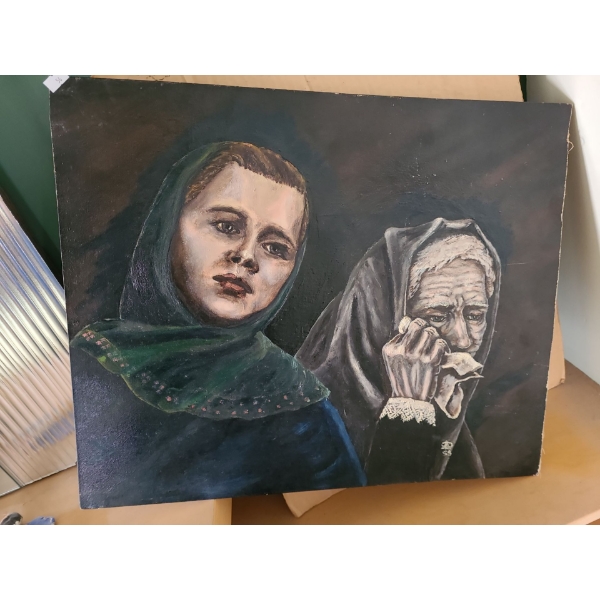 Painting Dated 1958 of Young and Older Women 24 X 18 Signature Uncertain, Oil on Canvas Board