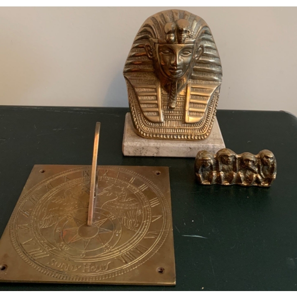 Brass Egyptian Pharaoh Figure 6T w/ Sun Dial & Four Monkeys