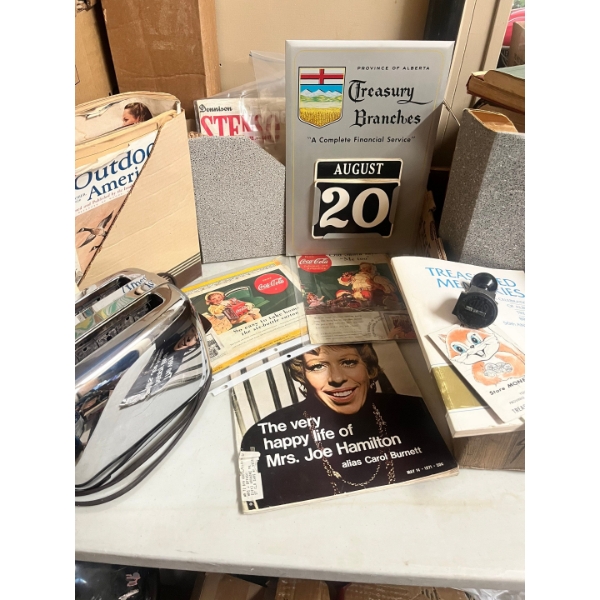 Province of Alberta treasury branch metal calendar, along with treasure memories, book branch stamp,
