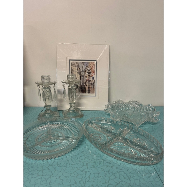 Collection of vintage pressed glass items, featuring two crystal candlesticks with prisms, and three