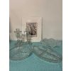Image 1 : Collection of vintage pressed glass items, featuring two crystal candlesticks with prisms, and three