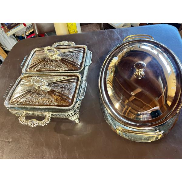  2 Silver Plated Serving Dishes  vintage Queen Anne silverplated double casserole dish set & More