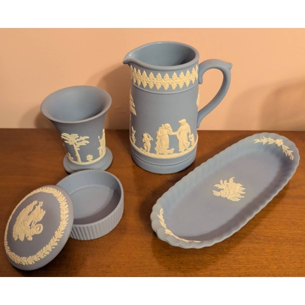 Wedgwood Jasperware Set with Pitcher, Vase, Tray, and Trinket Box