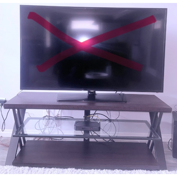 Dark Wood and Metal TV Stand With Glass Middle Shelf