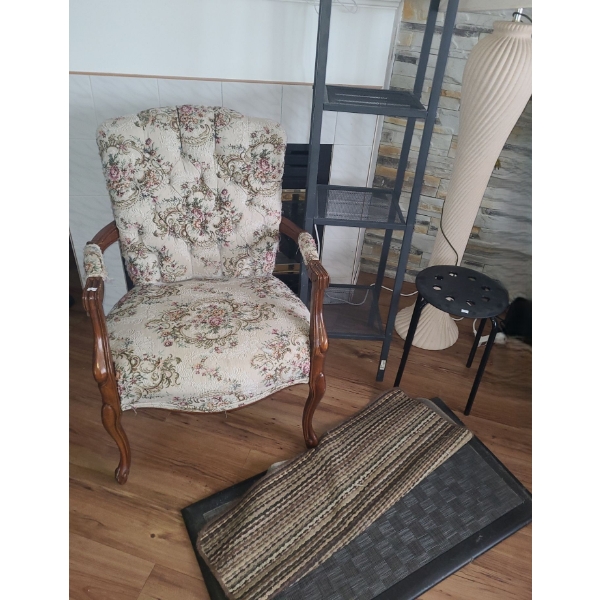 Metal Shelf 13 W, 12 D, 58 T, Tapestry Chair 24 W, 19 D, 36 T, Floor Lamp , Throw Rugs, Stool 
