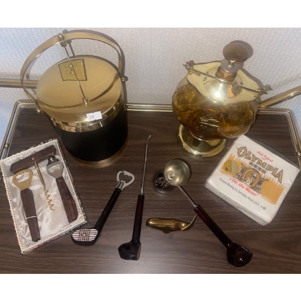 Vintage Bar Cart on Casters 33x26 w/ Assorted Barware Decantor Ice Bucket & More