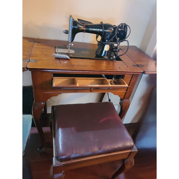 Singer Sewing Machine w Electric Pedal & Built-in Wood Cabinet 25 1/2 w 31 h.  Bench Included