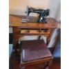 Image 1 : Singer Sewing Machine w Electric Pedal & Built-in Wood Cabinet 25 1/2 w 31 h.  Bench Included