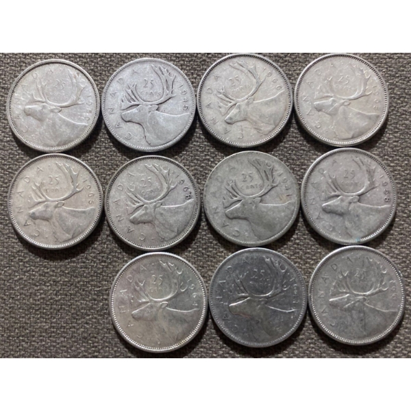 Canadian 25-cent Pieces 80% Silver 64.13 Grams