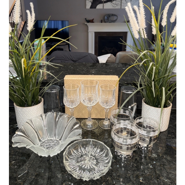 Beautiful Cut Crystal Kitchen Vessels w/ 2 Faux Fern House Plants 