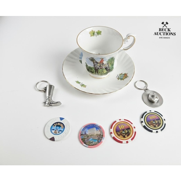 Royal Canadian Mounted Teacup & Saucer , a Boot keychain And Numbered Casino-Style Tokens. 