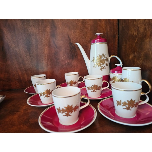 vintage Lichte Fine China Germany demitasse coffee service set in white and magenta with gold floral