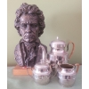 Image 1 : Metal Tea Set (Teapot, Cream, Sugar) & Beethoven Made in Canada Ceramic Sculpture (Some Chipping) 
